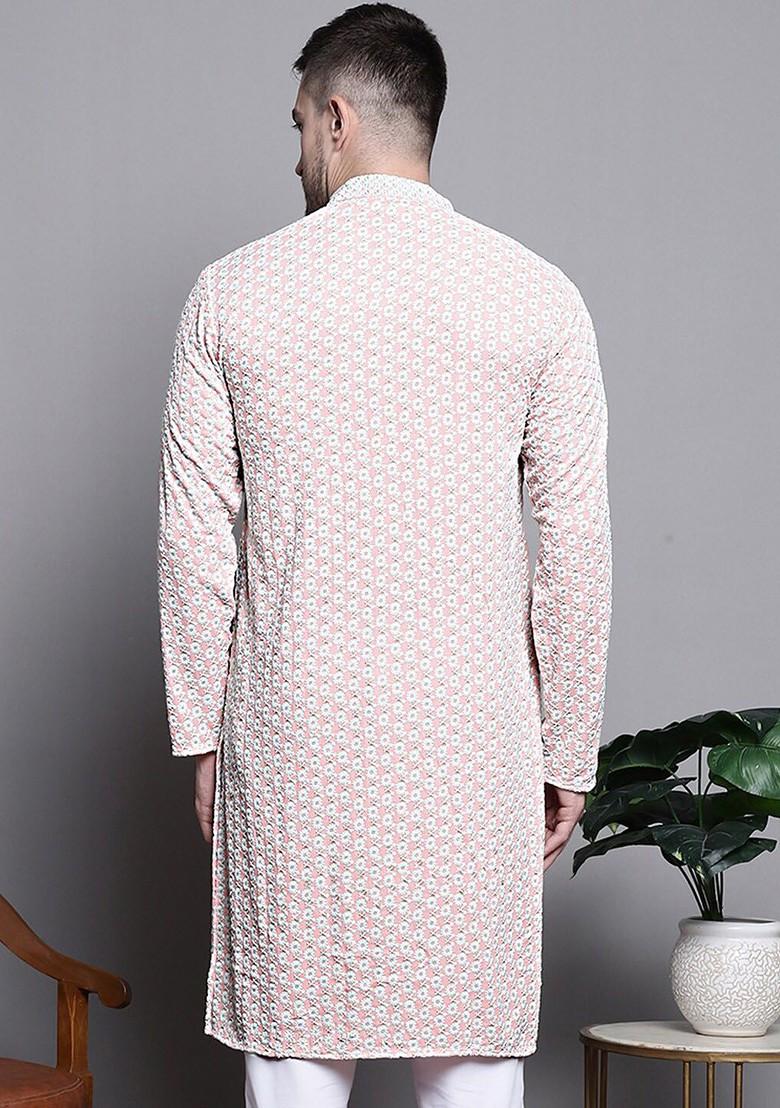 Peach Embroidered Poly Blend Kurta For Men