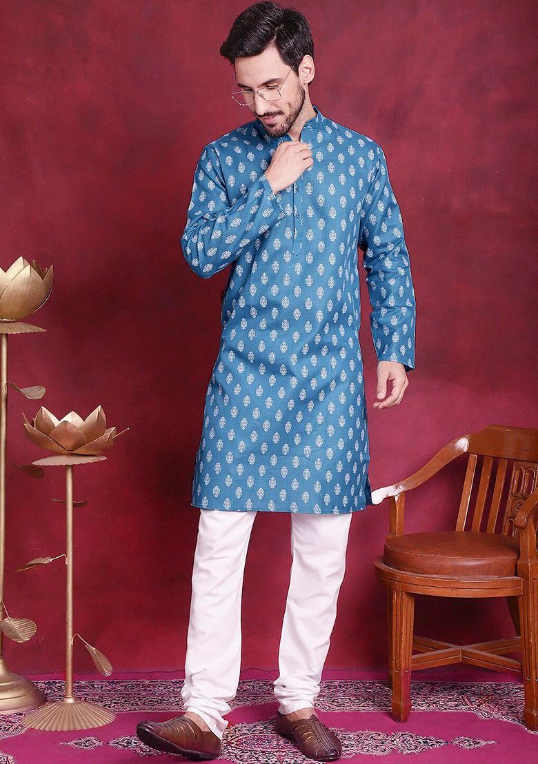 Blue Printed Poly Blend Kurta For Men