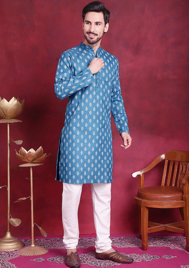 Blue Printed Poly Blend Kurta For Men