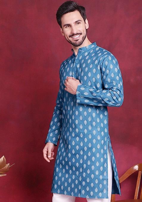 Blue Printed Poly Blend Kurta For Men