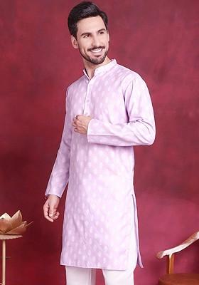 Purple Printed Poly Blend Kurta For Men