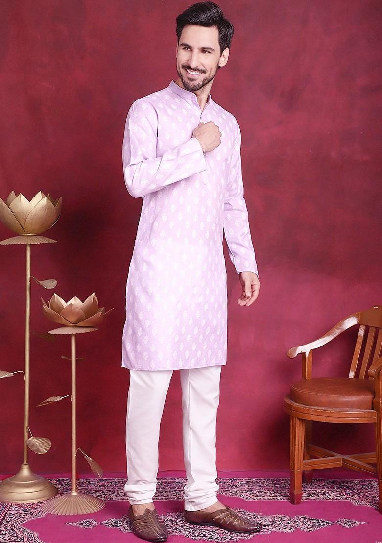 Purple Printed Poly Blend Kurta For Men