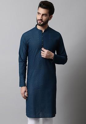 Teal Blue Embroidered Poly Blend Kurta For Men