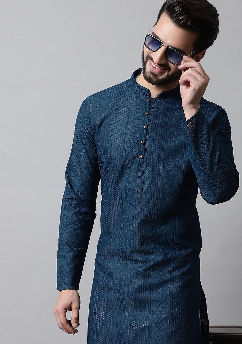 Teal Blue Embroidered Poly Blend Kurta For Men