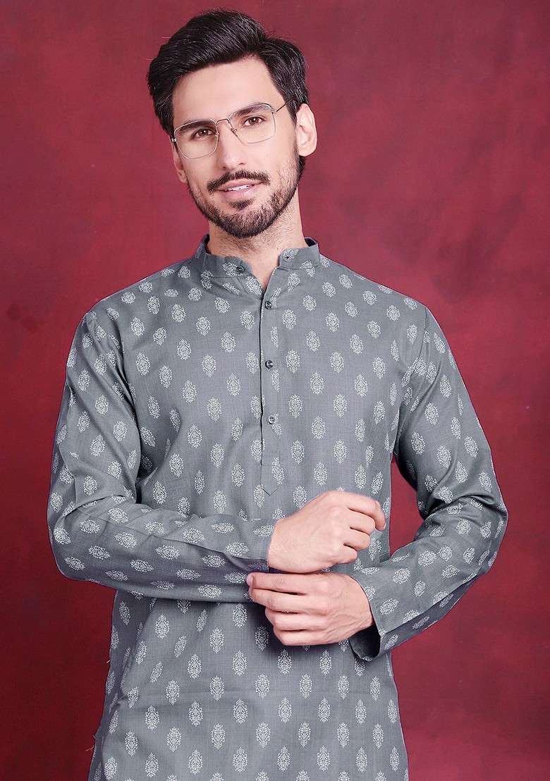 Grey Printed Poly Blend Kurta For Men - Indya
