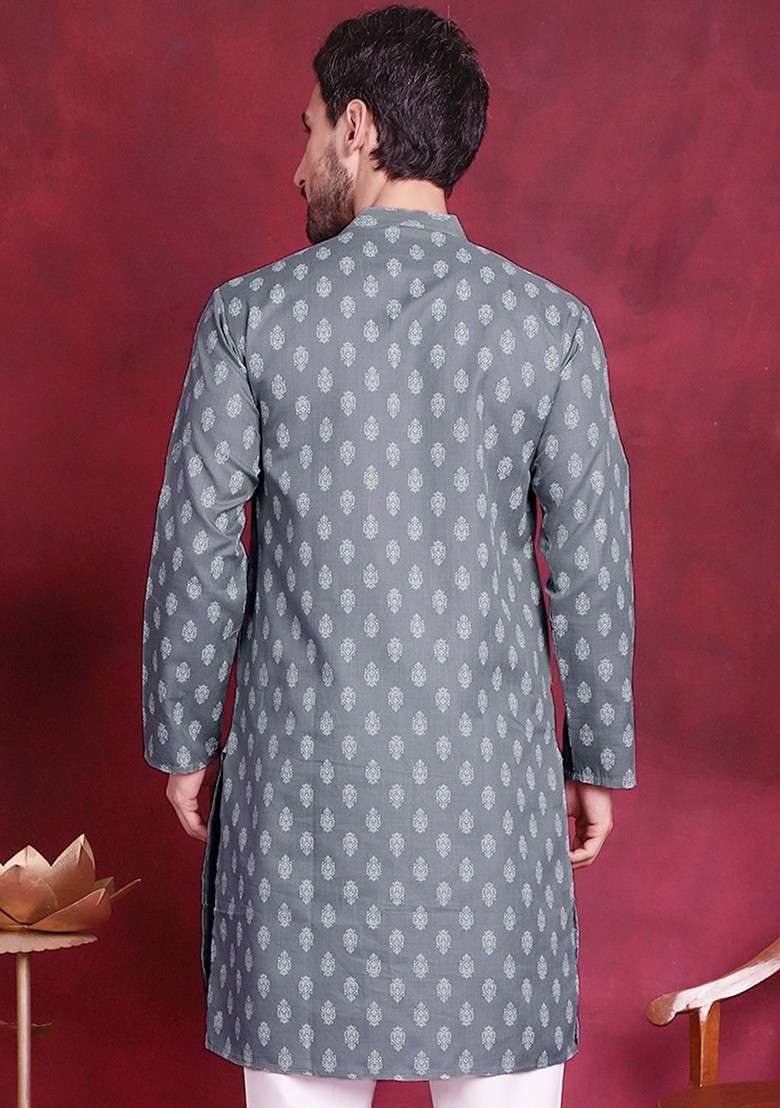 Grey Printed Poly Blend Kurta For Men - Indya