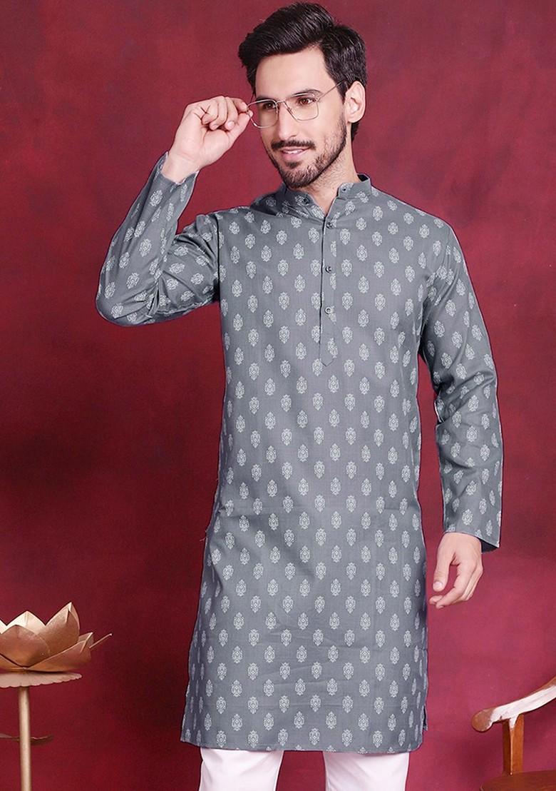 Grey Printed Poly Blend Kurta For Men
