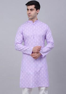Lavender Printed Poly Blend Kurta For Men