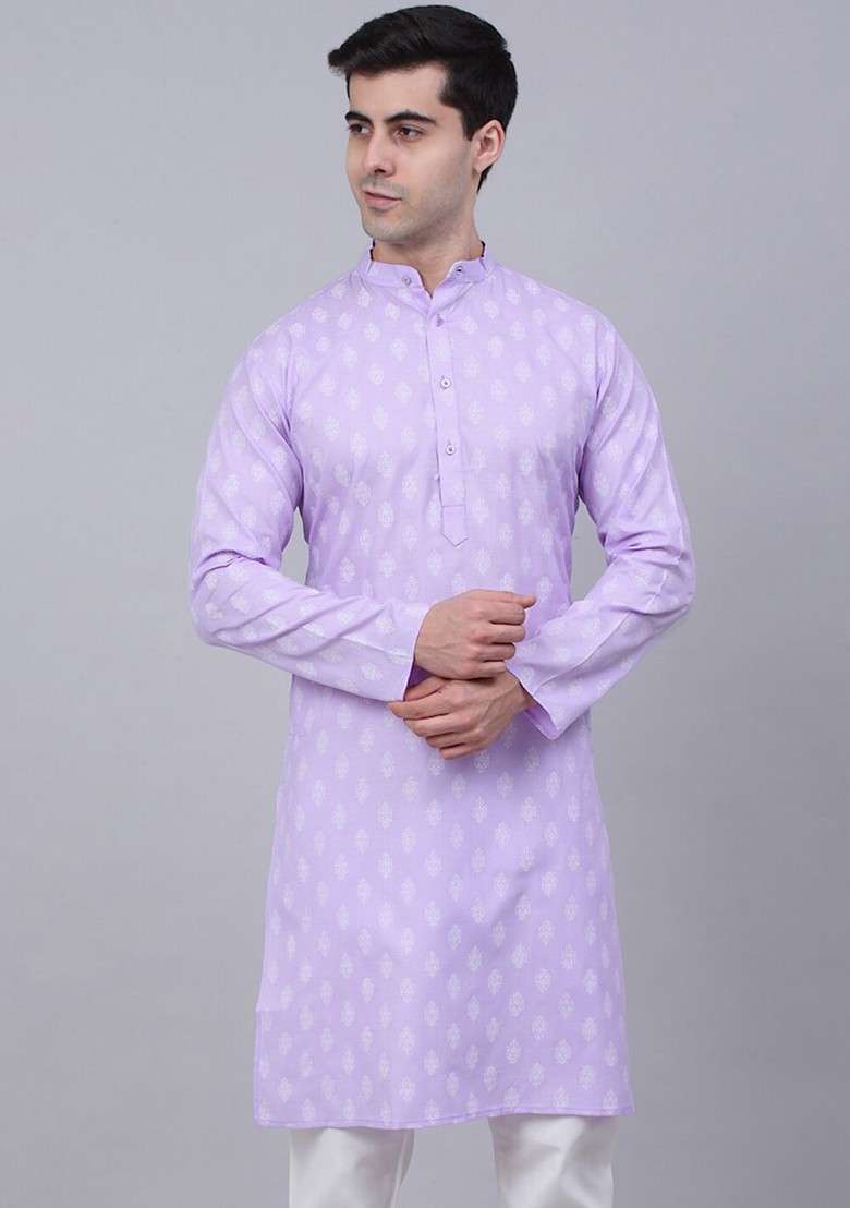 Lavender Printed Poly Blend Kurta For Men - Indya