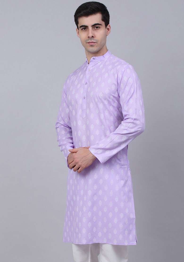 Lavender Printed Poly Blend Kurta For Men - Indya
