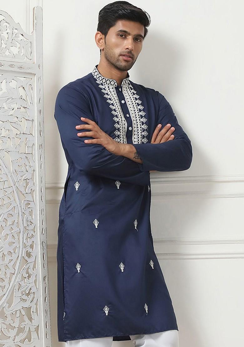 Navy Blue Embroidered Poly Blend Kurta For Men
