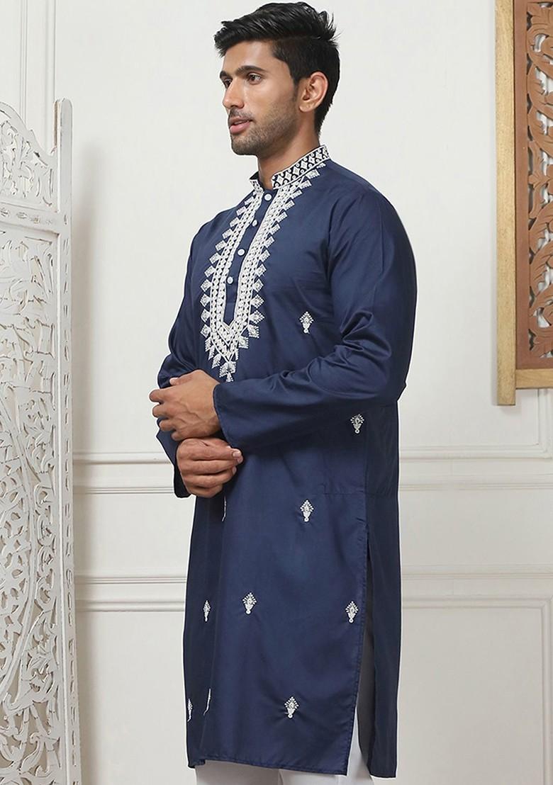 Navy Blue Embroidered Poly Blend Kurta For Men