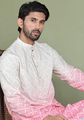 Peach Printed Poly Blend Kurta For Men