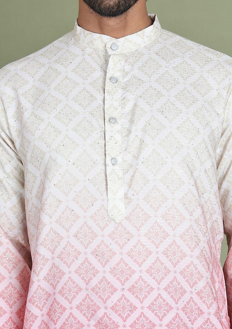 Peach Printed Poly Blend Kurta For Men