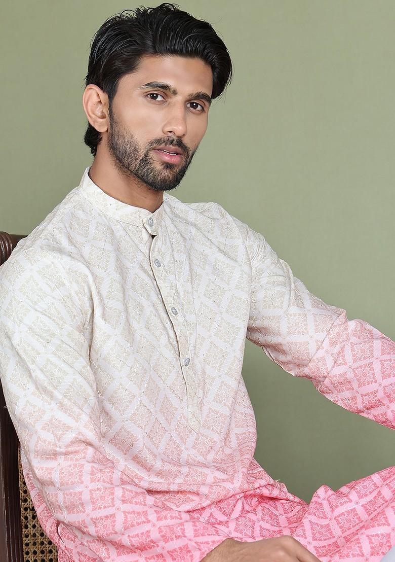 Peach Printed Poly Blend Kurta For Men