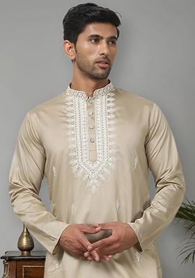 Beige Embroidered Poly Blend Kurta For Men