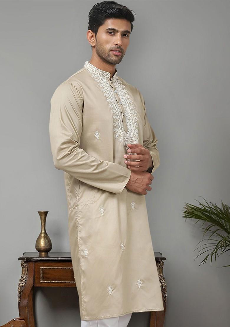 Beige Embroidered Poly Blend Kurta For Men