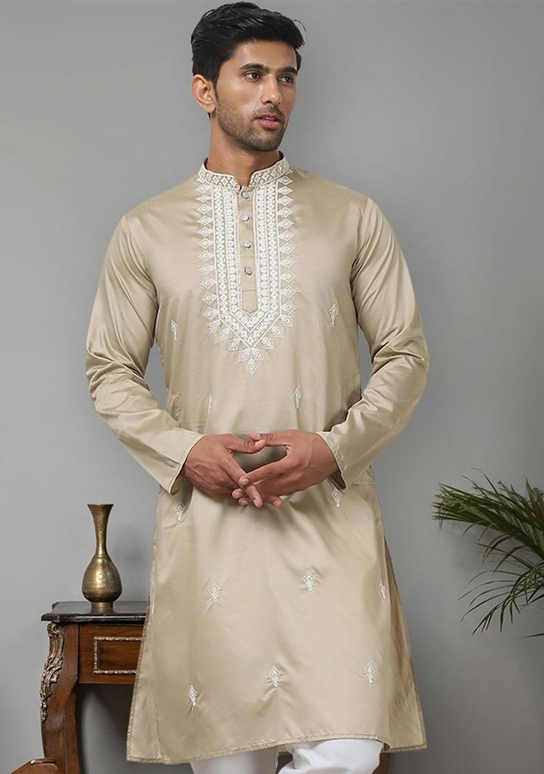 Beige Embroidered Poly Blend Kurta For Men