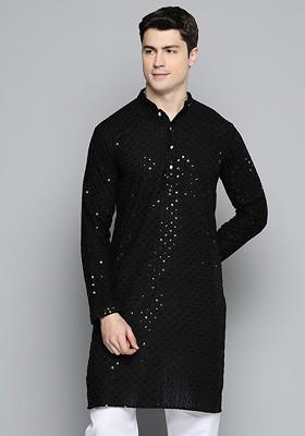 Black Embellished Poly Blend Kurta For Men