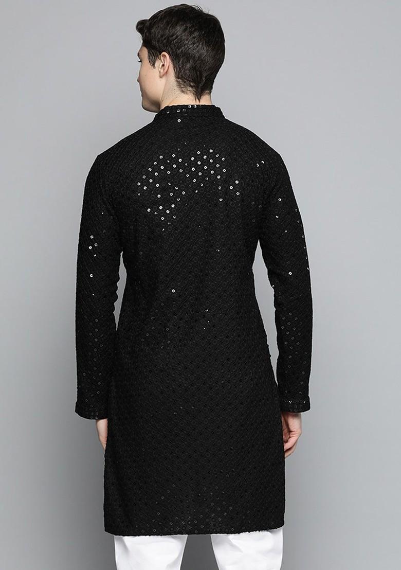 Black Embellished Poly Blend Kurta For Men