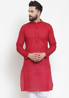 Red Embroidered Poly Blend Kurta For Men
