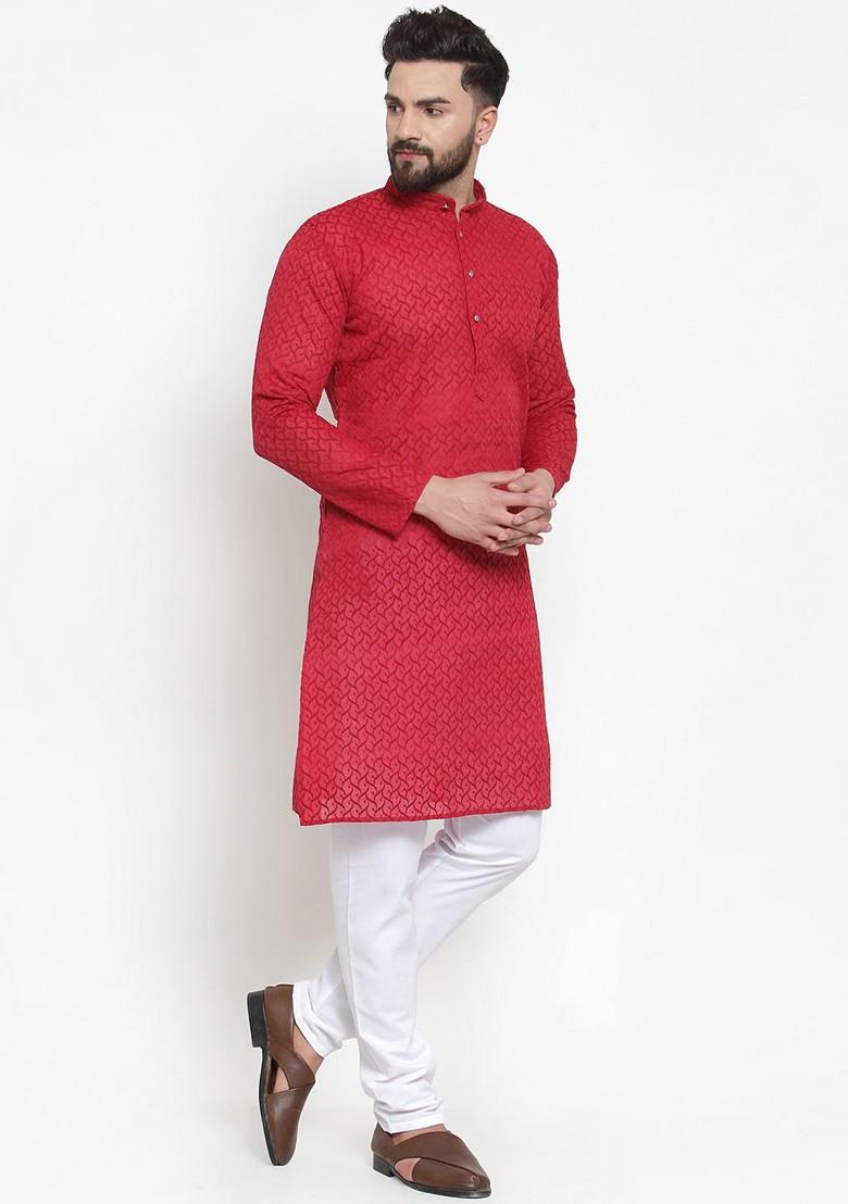 Red Embroidered Poly Blend Kurta For Men