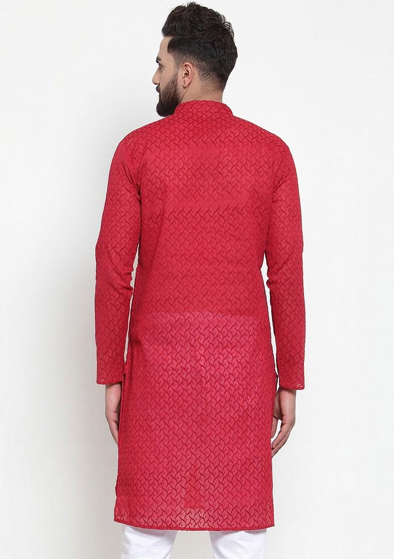 Red Embroidered Poly Blend Kurta For Men