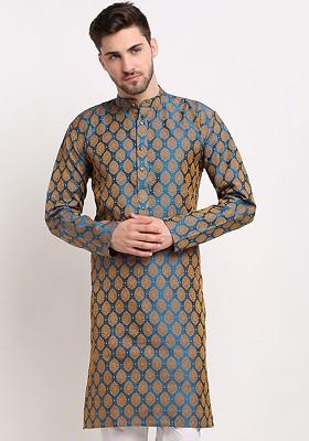 Blue Woven Design Poly Blend Kurta For Men