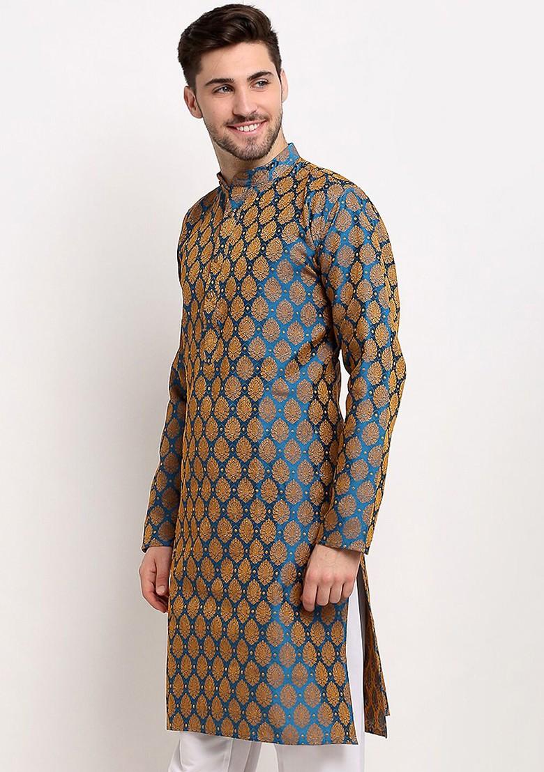 Blue Woven Design Poly Blend Kurta For Men