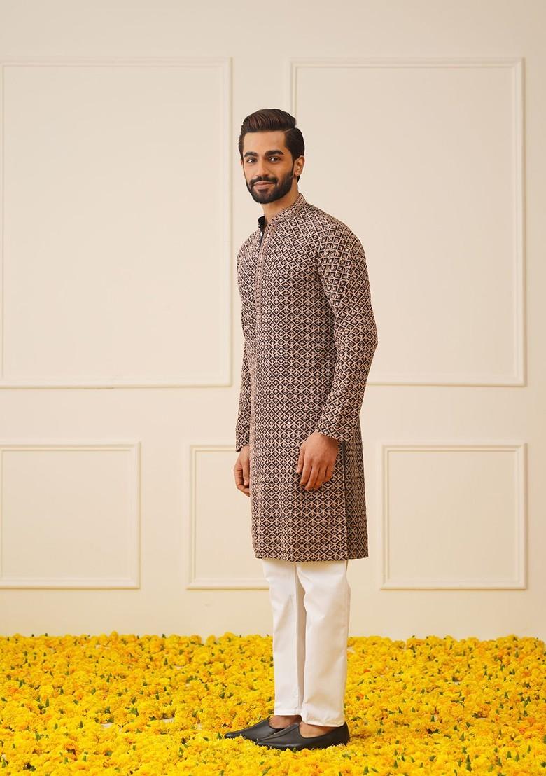 Black Printed Poly Blend Kurta For Men