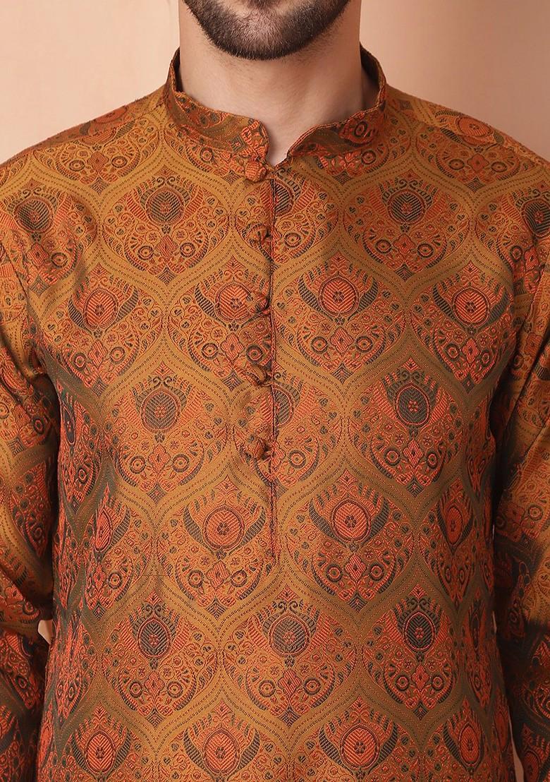 Mustard Yellow Printed Poly Blend Kurta For Men