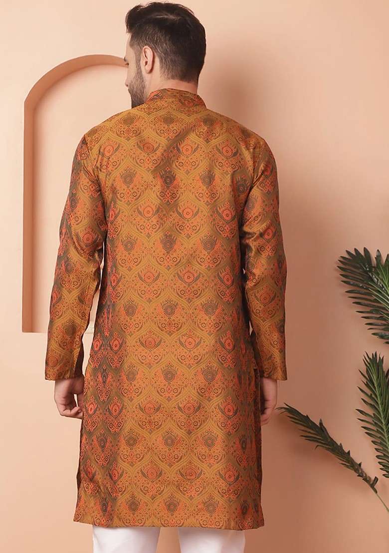 Mustard Yellow Printed Poly Blend Kurta For Men - Indya