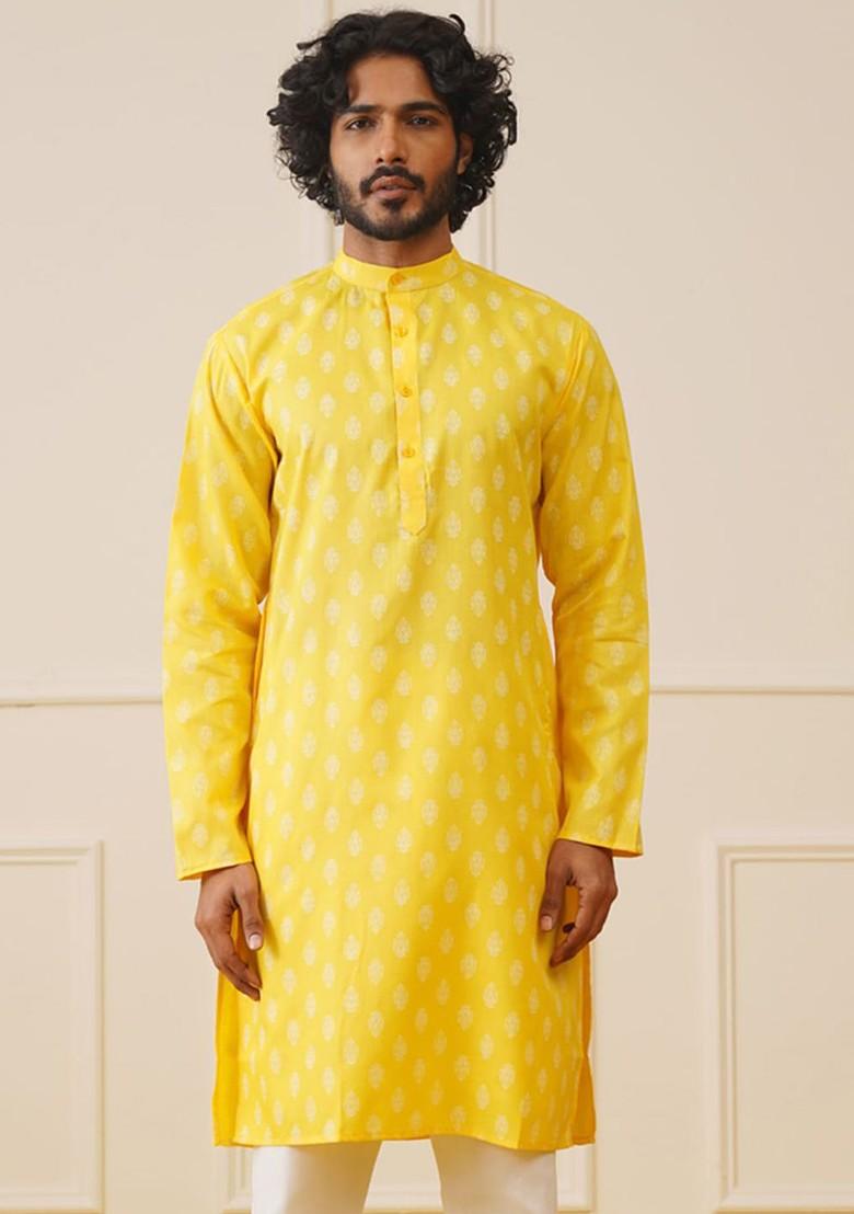 Yellow Printed Poly Blend Kurta For Men