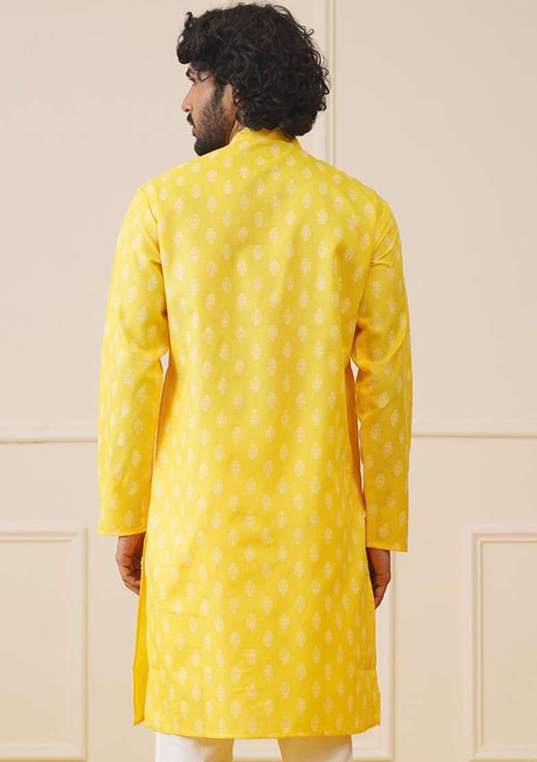 Yellow Printed Poly Blend Kurta For Men - Indya