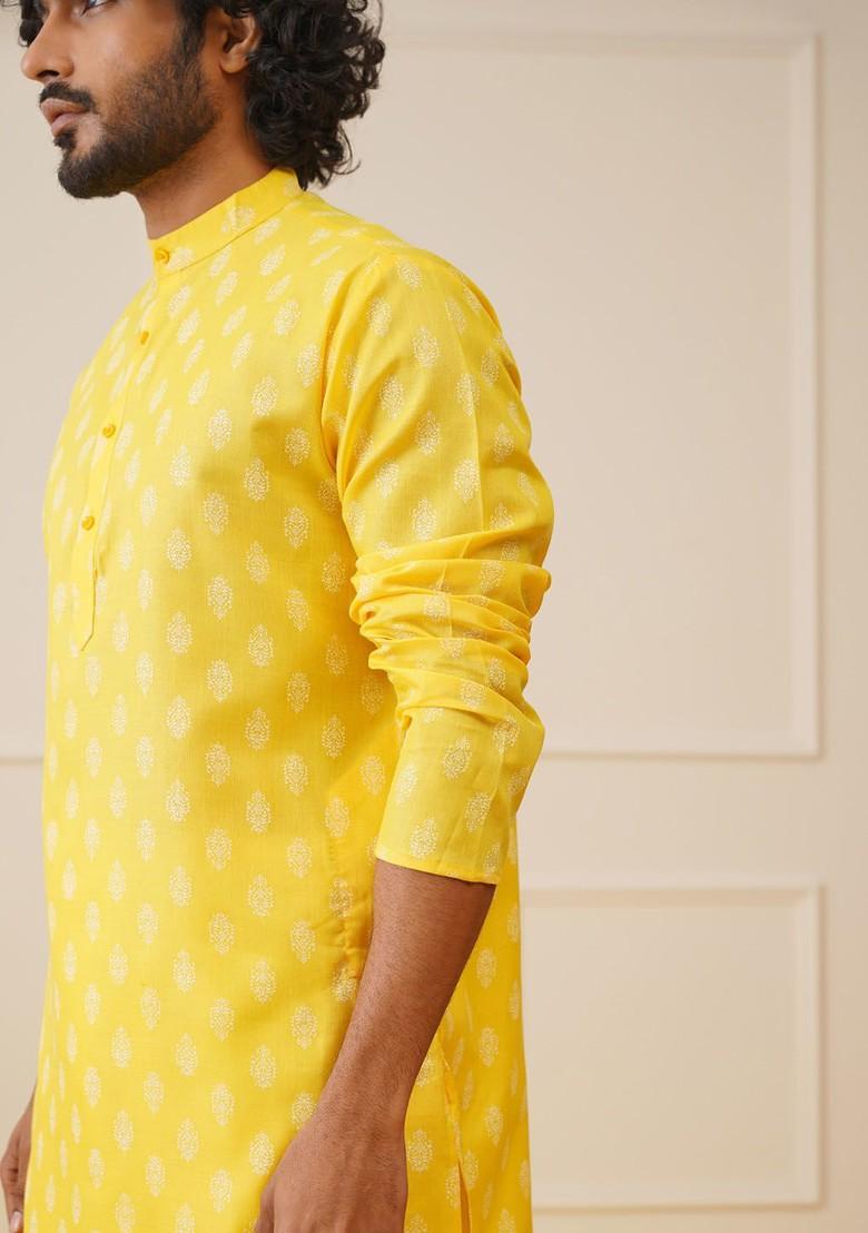 Yellow Printed Poly Blend Kurta For Men