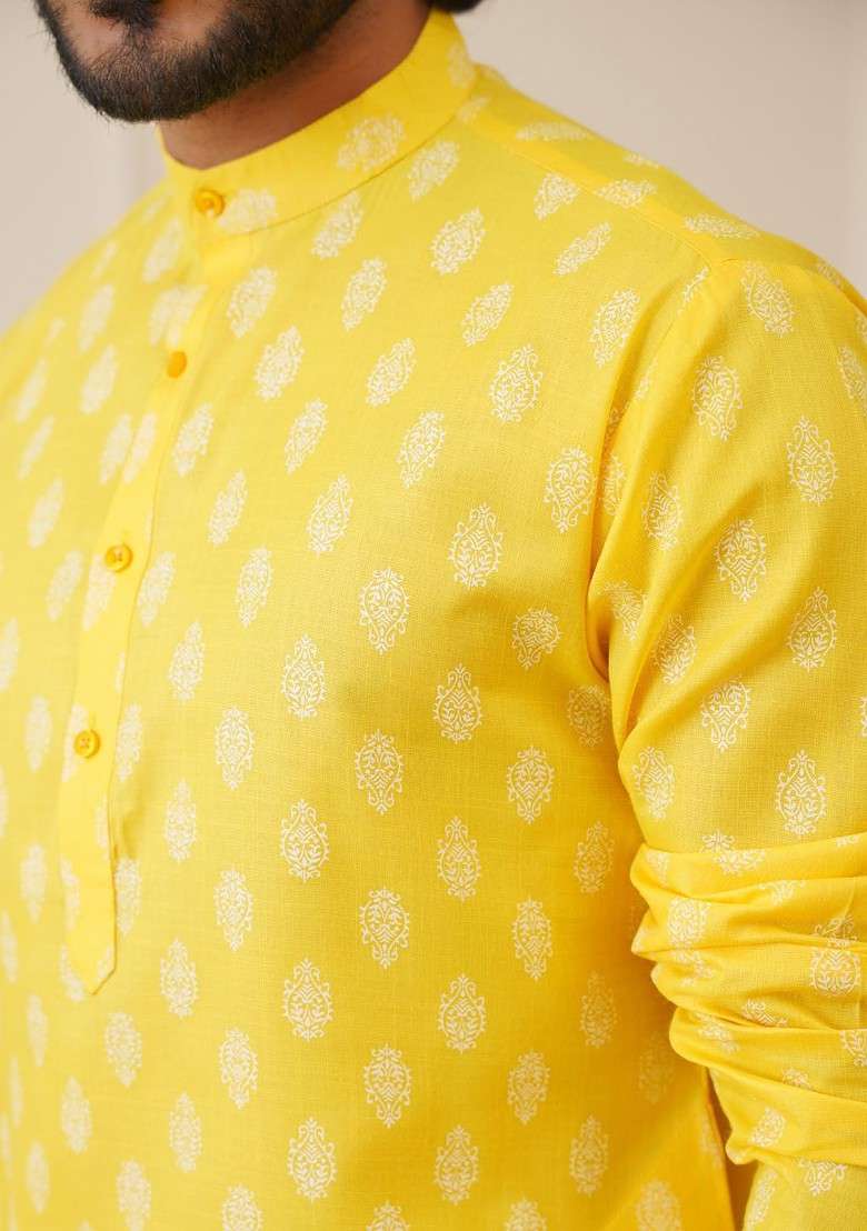 Yellow Printed Poly Blend Kurta For Men - Indya