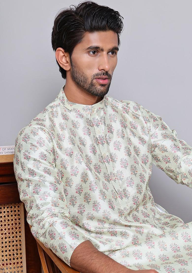 Green Printed Poly Blend Kurta For Men