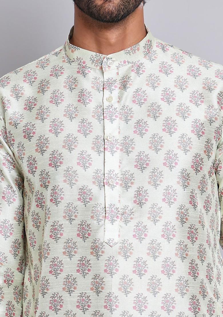 Green Printed Poly Blend Kurta For Men