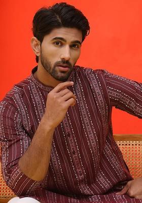 Maroon Embroidered Poly Blend Kurta For Men