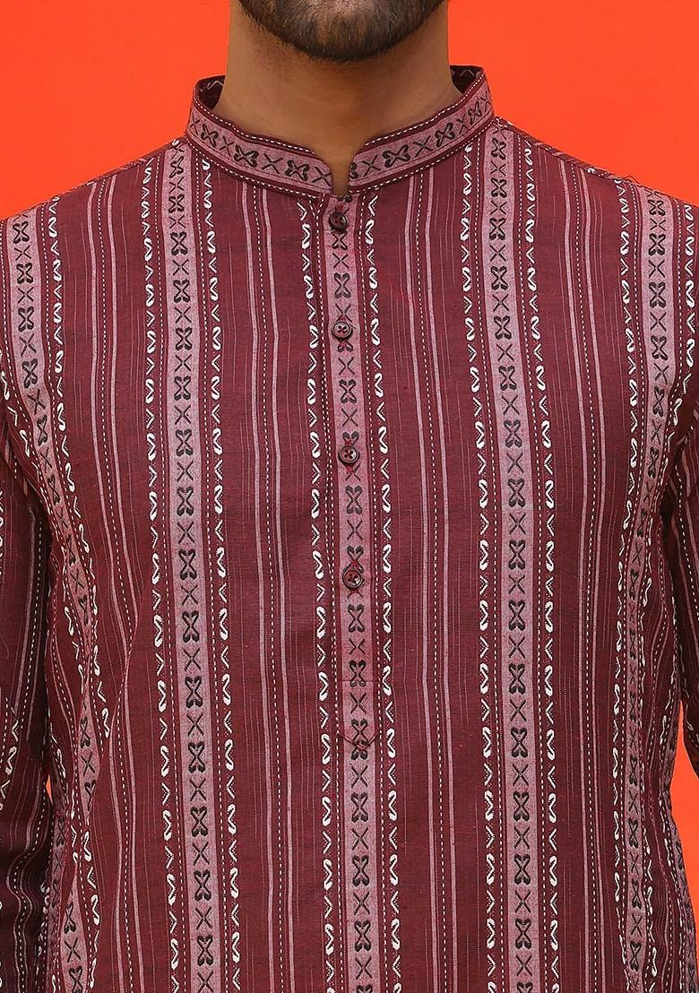 Maroon Embroidered Poly Blend Kurta For Men
