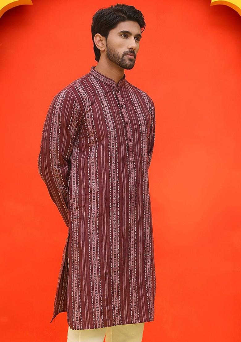 Maroon Embroidered Poly Blend Kurta For Men