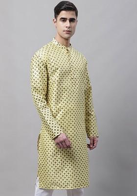 Yellow Printed Poly Blend Kurta For Men