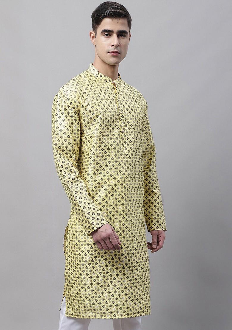 Yellow Printed Poly Blend Kurta For Men