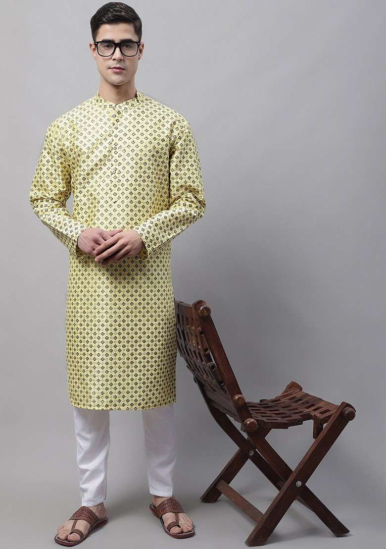 Yellow Printed Poly Blend Kurta For Men - Indya