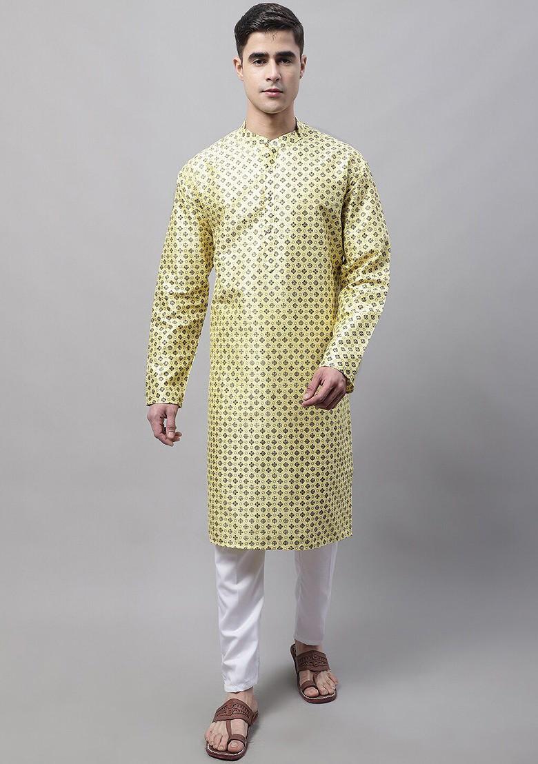 Yellow Printed Poly Blend Kurta For Men
