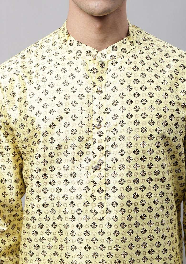 Yellow Printed Poly Blend Kurta For Men - Indya