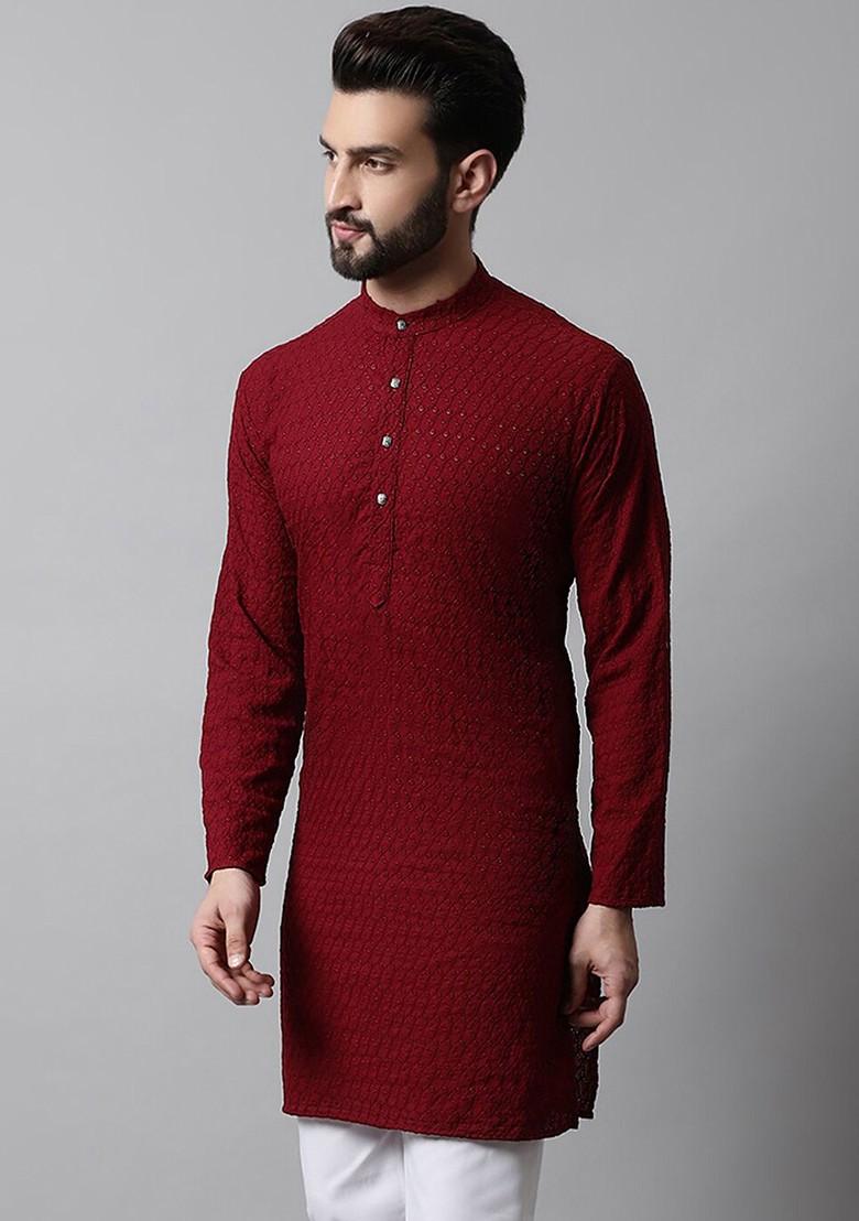 Maroon Embroidered Poly Blend Kurta For Men