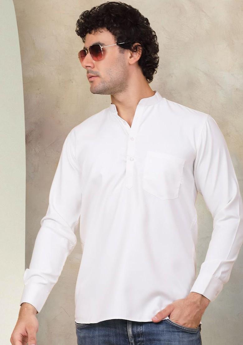White Embroidered Poly Blend Kurta For Men