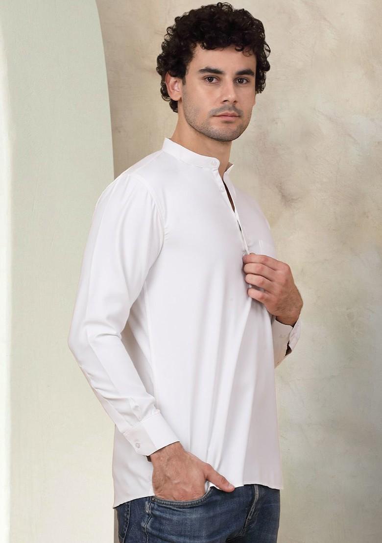 White Embroidered Poly Blend Kurta For Men