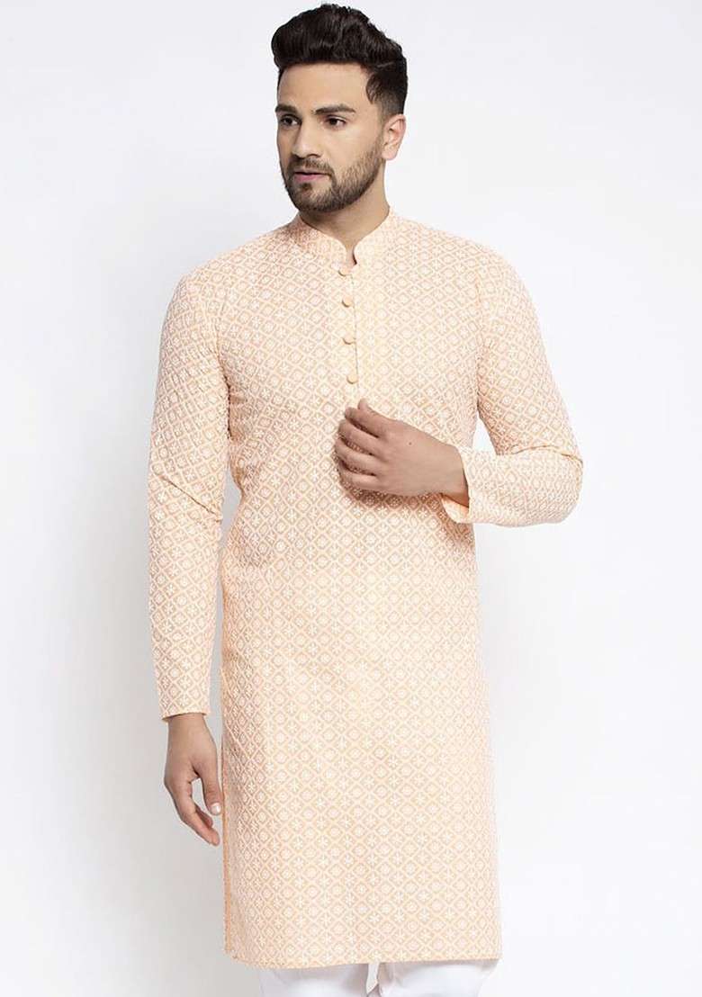 Orange Embroidered Poly Blend Kurta For Men - Indya